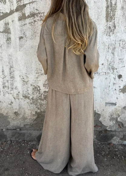 Loose Khaki Tops and Pants Cotton 2 Piece Outfit Fall