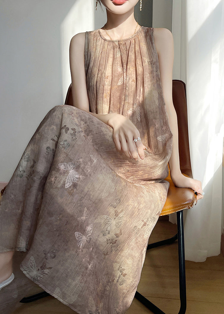 Brown O Neck Print Cotton Long Dress Sleeveless