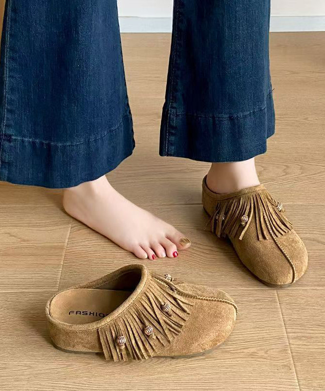 Tassel Splicing Wedge Khaki Suede Slide Sandals
