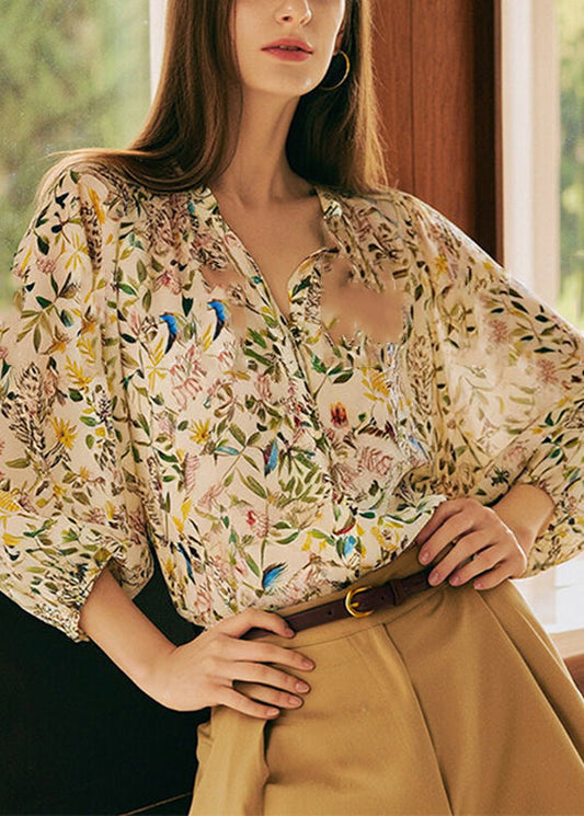 V Neck Print Shirts Lantern Sleeve