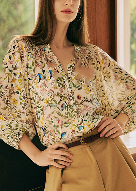 V Neck Print Shirts Lantern Sleeve