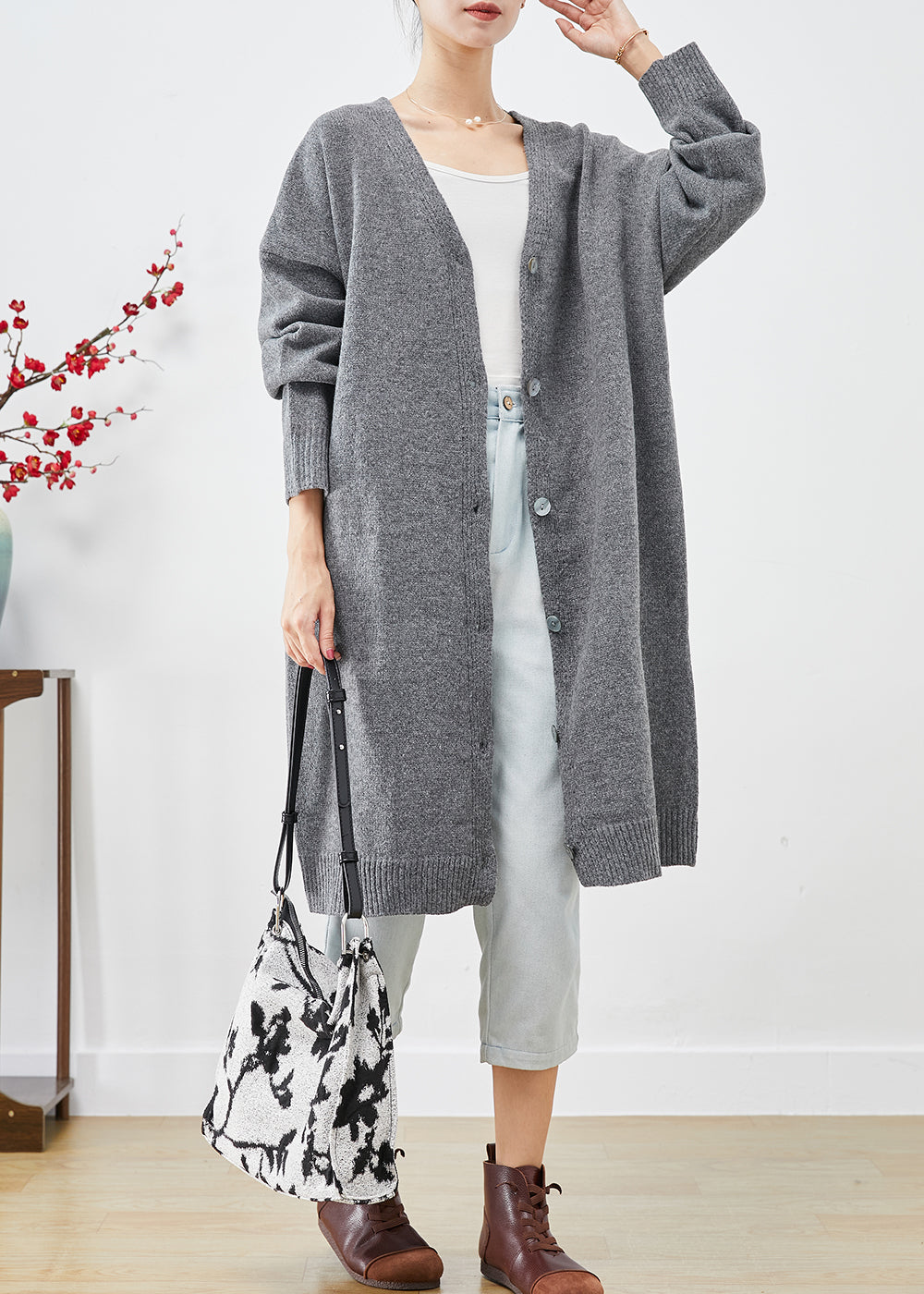 Grey Oversized Cozy Knit Cardigan Spring