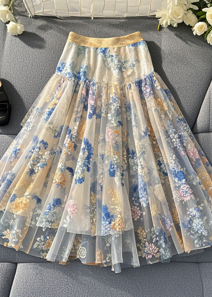 White Print Silm Fit Tulle Skirts Summer