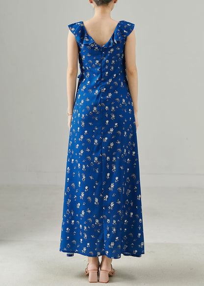 Blue Tie Waist Print Chiffon Party Dress Sleeveless