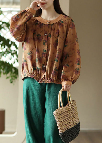 Orange O Neck Wrinkled Print Patchwork Linen Shirt Tops Spring