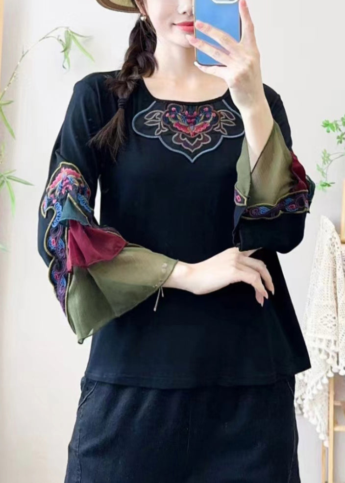 Retro Black Embroidered Tulle Patchwork Shirt Bracelet Sleeve