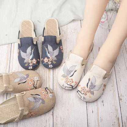 Khaki Embroidered Linen Fabric Slippers Shoes