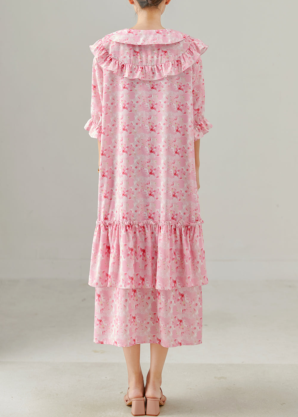 Pink Ruffled Print Chiffon Dress Spring