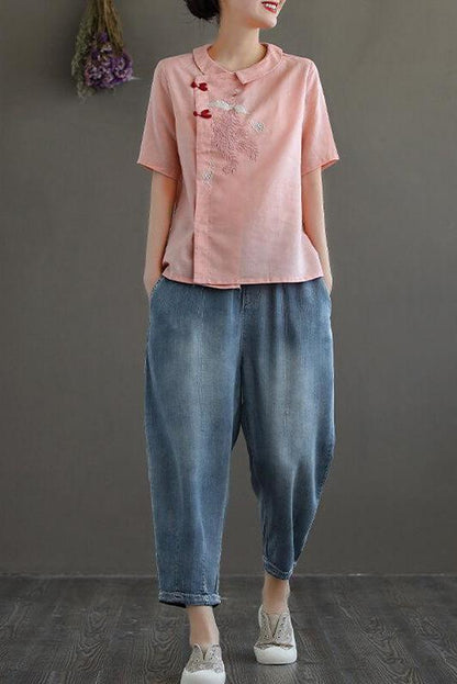 Embroidered Turn Down Collar Linen Retro T-shirt