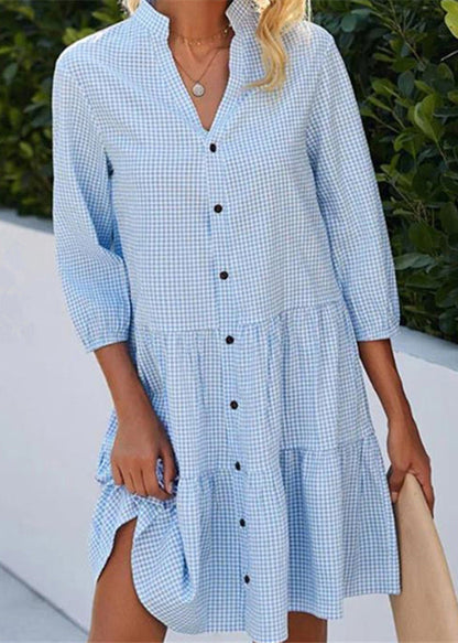 Blue Stand Collar Plaid Button Mid Shirts Dress Fall