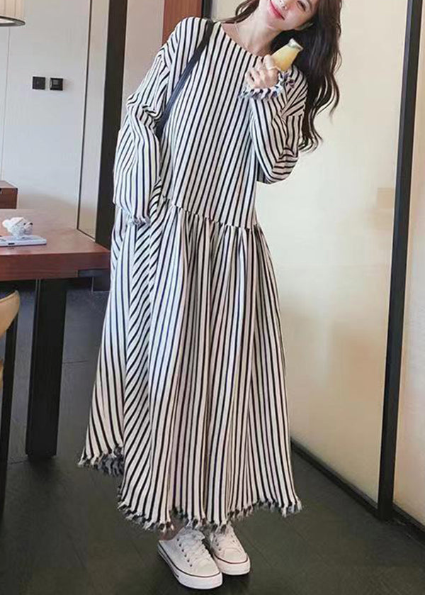 O Neck Striped Patchwork Cotton Long Dresses Long Sleeve