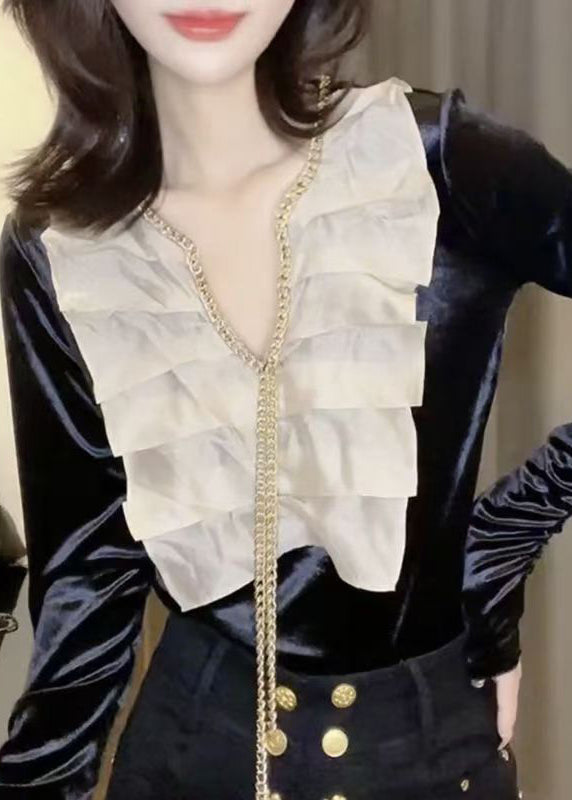 Black Chain Linked Patchwork Velour Shirts Spring