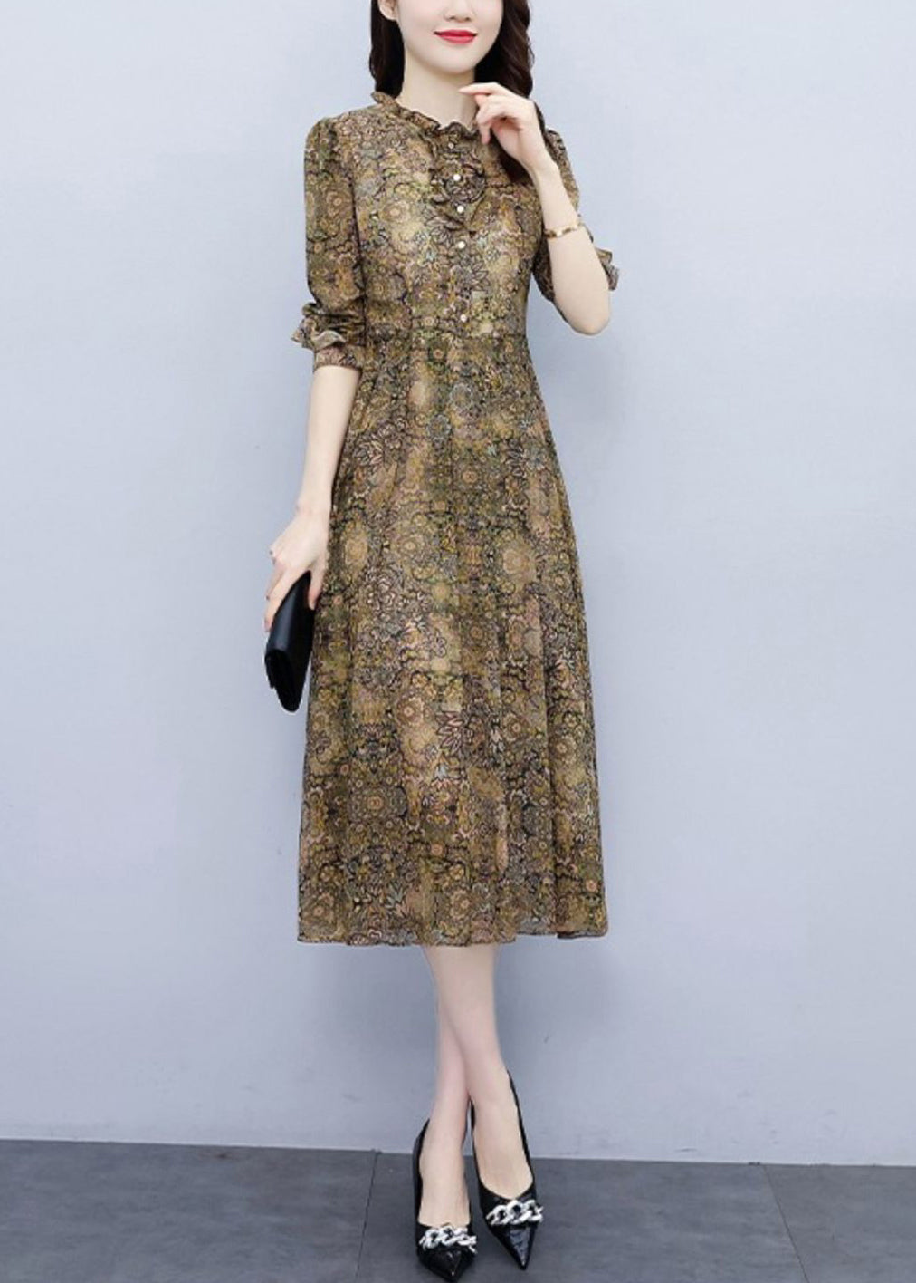 Ruffled Print High Waist Chiffon Dress Long Sleeve