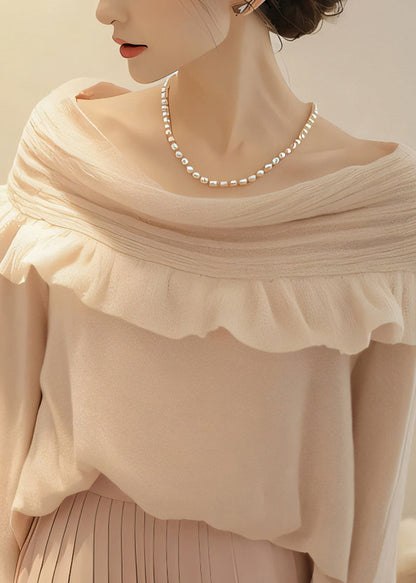 Apricot Slash Neck Ruffled Patchwork Knit Sweaters Spring