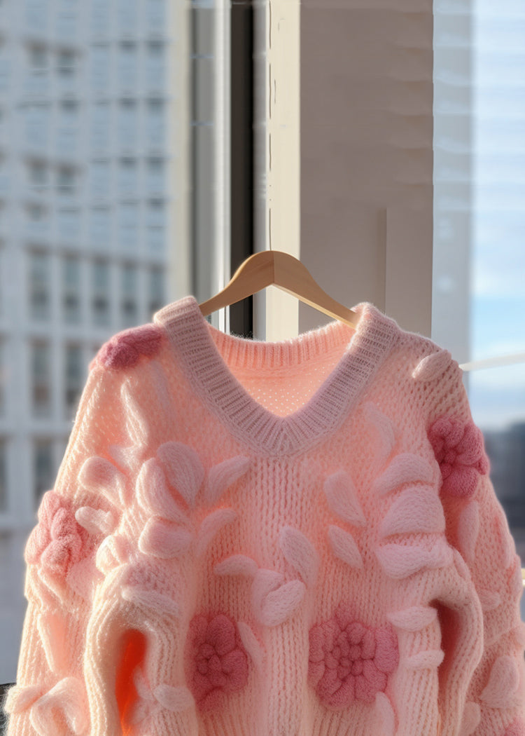 Pink V Neck Original Design Knit Cardigans Fall