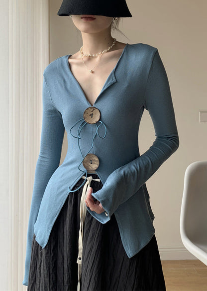 New Blue V Neck Knitting Cotton Tops Fall