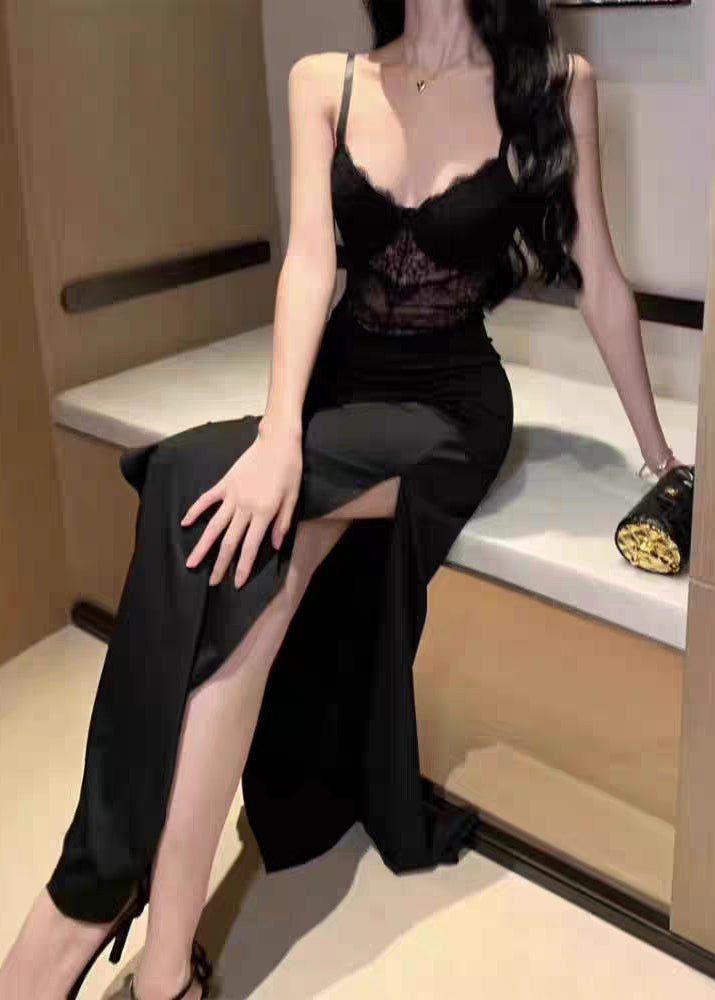 Black V Neck Lace Patchwork Long Spaghetti Strap Dress Summer
