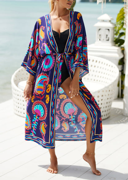 Diy Purple V Neck Print Lace Up Cotton Beach Cardigans Summer