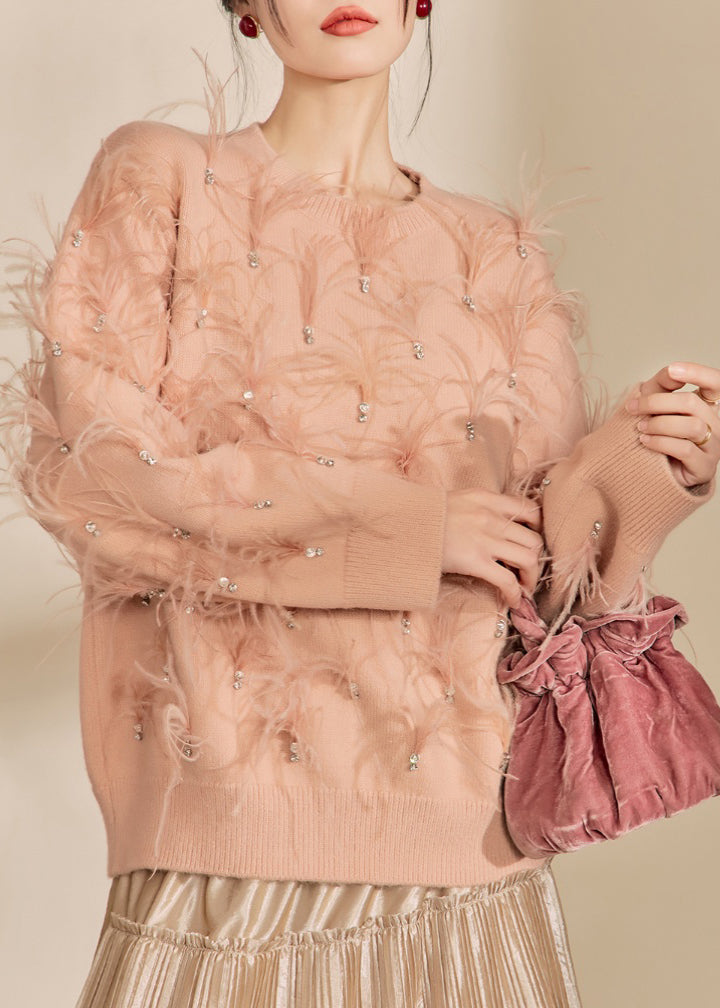 Organic Skin Pink O-neck Zircon Feather Cotton Knit Sweater Winter