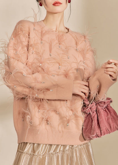 Organic Skin Pink O-neck Zircon Feather Cotton Knit Sweater Winter