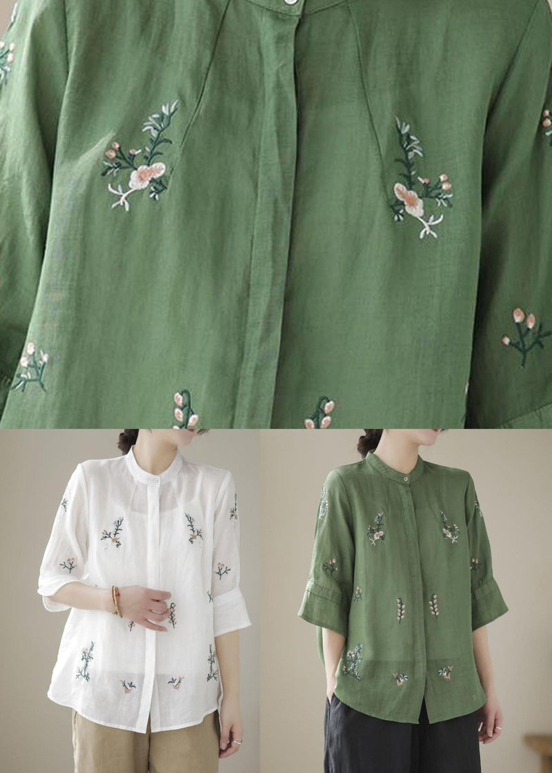 White Patchwork Linen Blouses Embroidered Stand Collar Summer