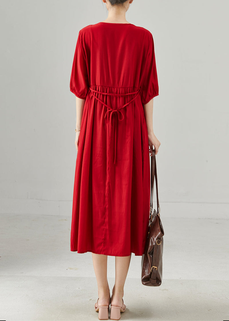 Red Oversized Wrinkled Cotton Dresses Half Sleeve