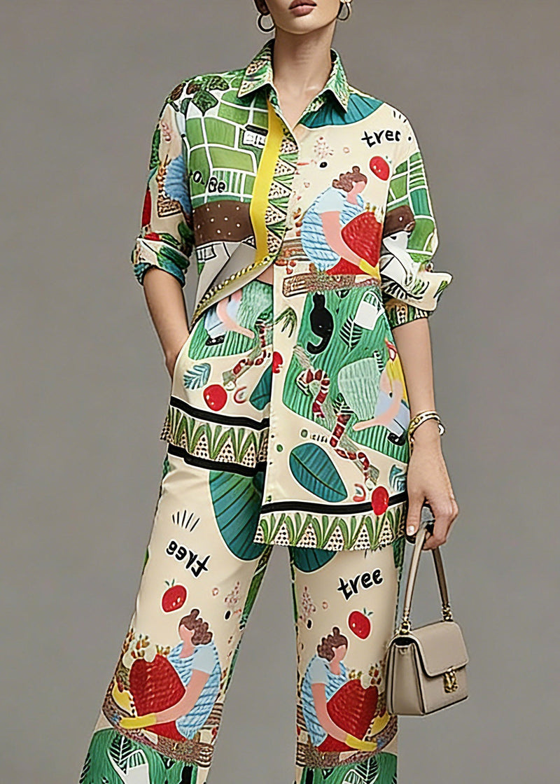Fine Green Print Shirts and Wide Leg Pants Two Pieces Set Spring