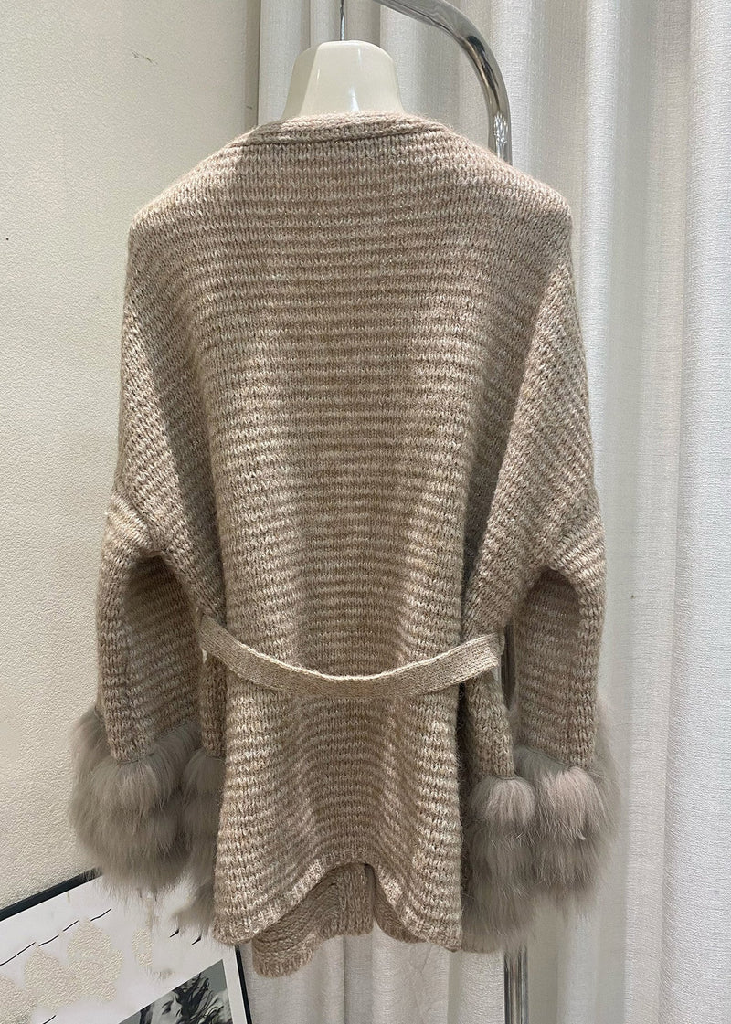 Unique Coffee V Neck Fox Patchwork Cotton Knit Cardigans Fall