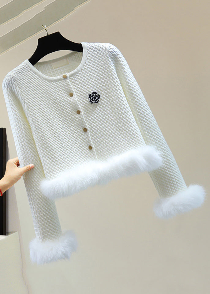 Stylish Grey O-neck Fuzzy Fur Fluffy Cotton Knit Sweater Winter