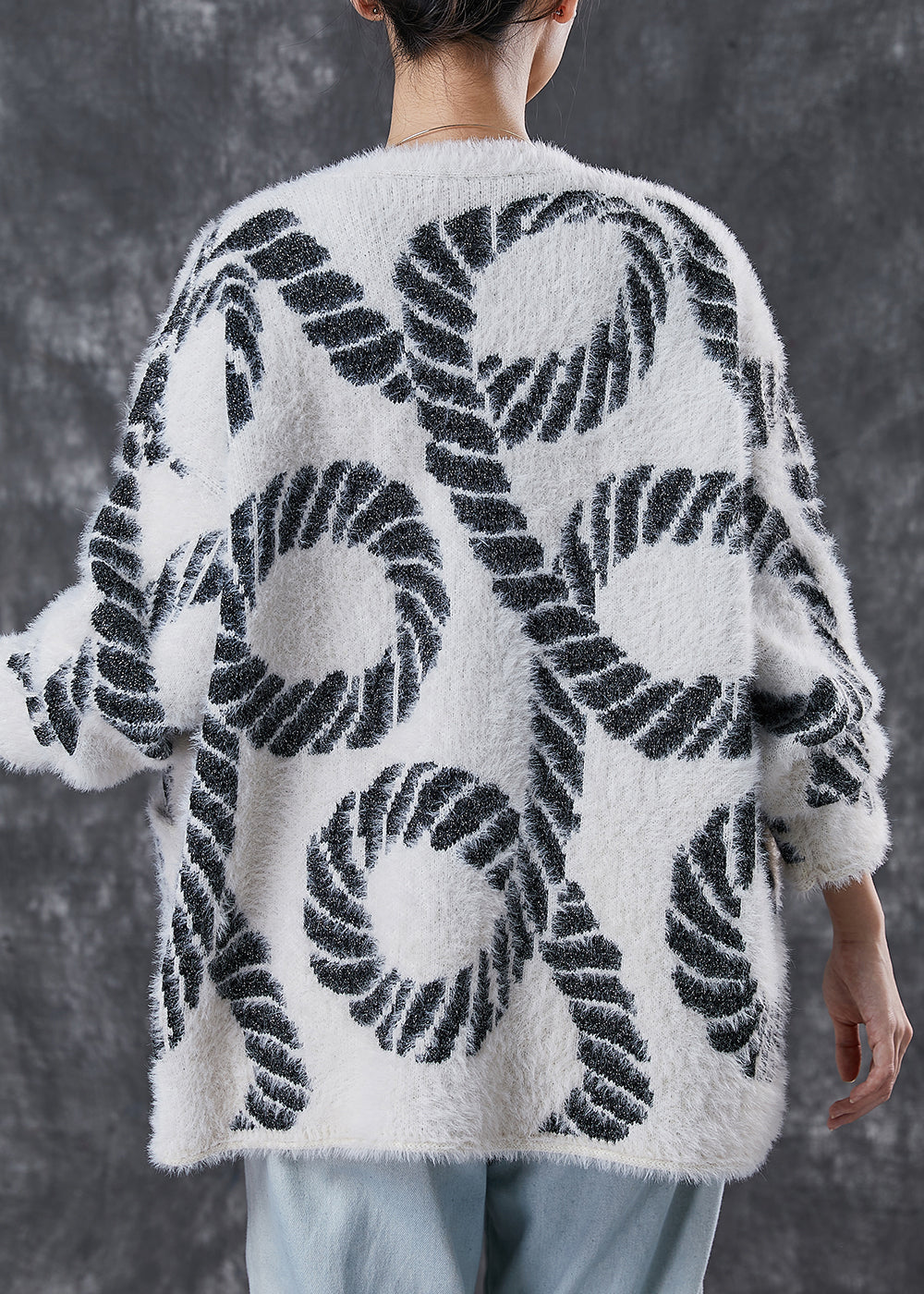 Black V Neck Print Knit Loose Coat Spring