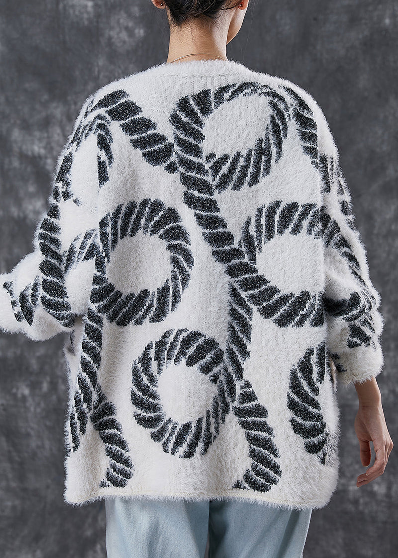 Black V Neck Print Knit Loose Coat Spring