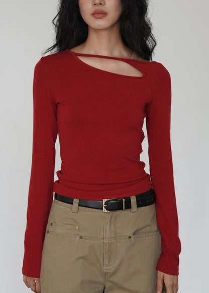 Red O Neck Hollow Out Cotton T Shirt Top Spring