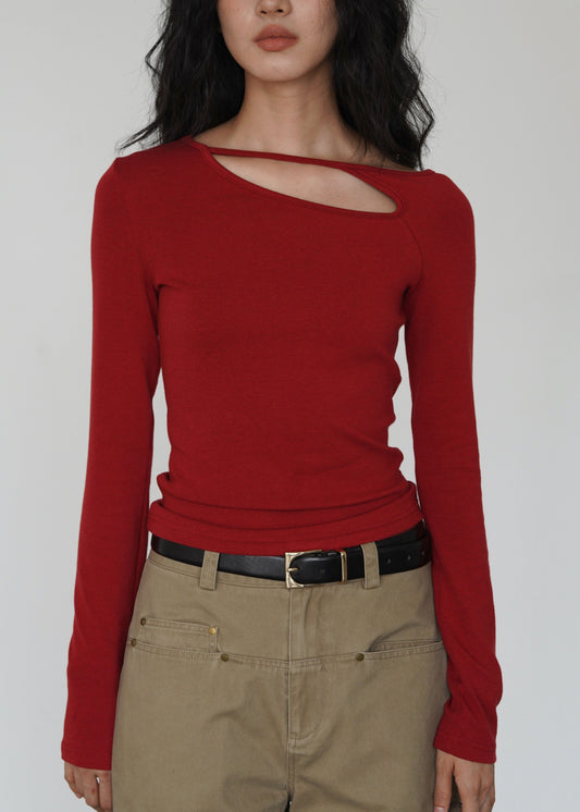 Red O Neck Hollow Out Cotton T Shirt Top Spring