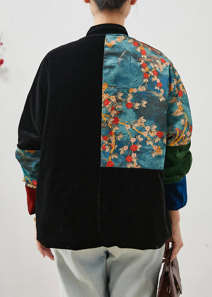 Black Thick Patchwork Pockets Silk Velvet Oriental Coats Winter