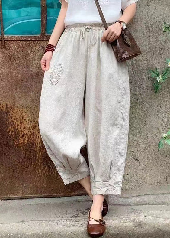 Linen Lace Up Elastic Waist Linen Crop Pants Summer