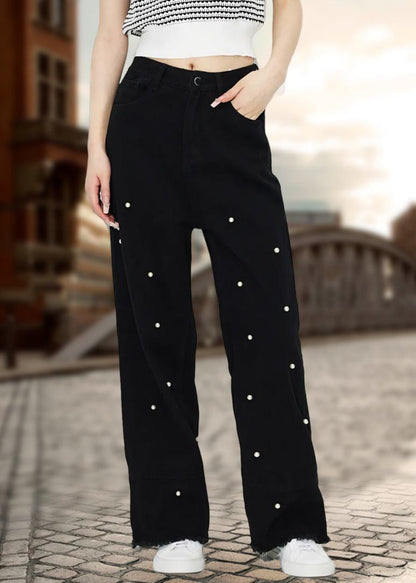 Black Pockets Pearl Straight Denim Pants Fall