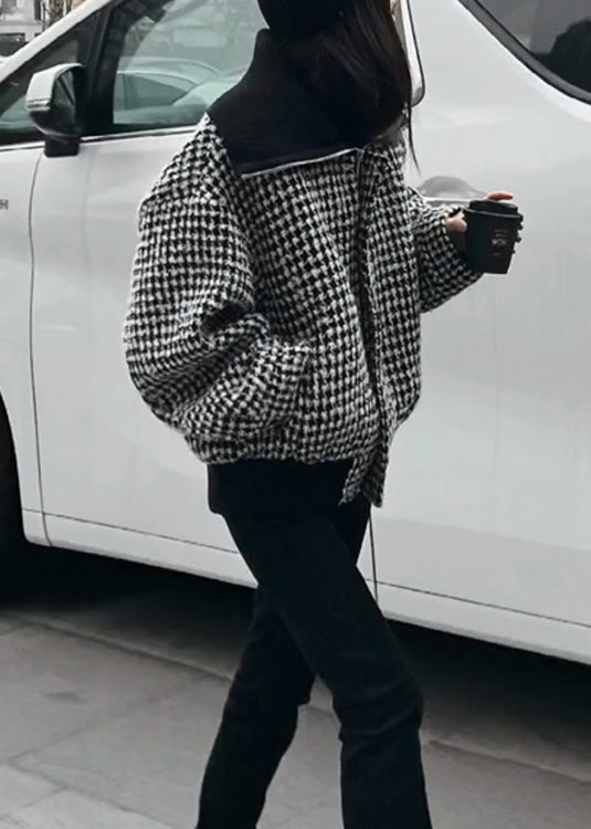Black High Neck Zip Up Plaid Woolen Jacket Winter