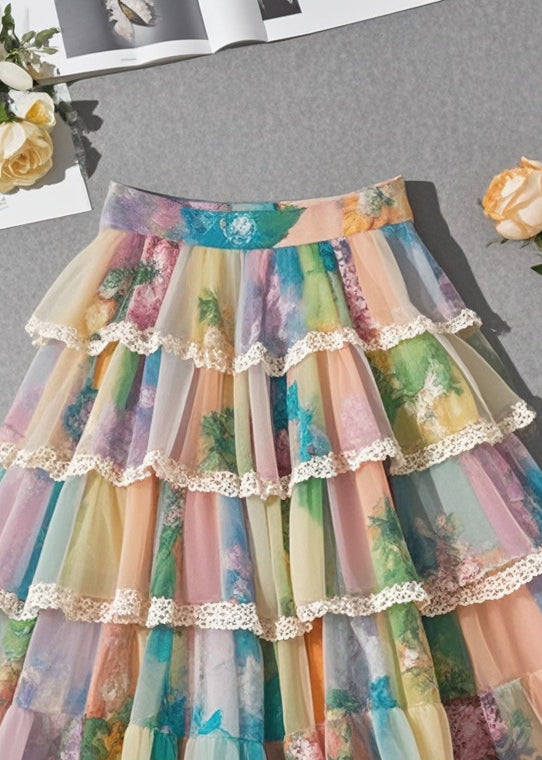 Rainbow Print Layered Chiffon Beach Skirt Summer