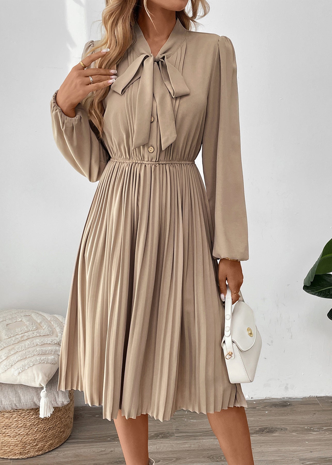 New Apricot Bow Long Sleeved Pleated Dress
