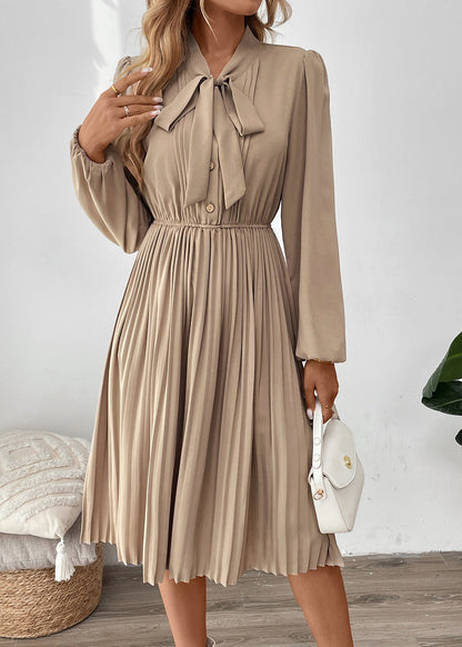 New Apricot Bow Long Sleeved Pleated Dress