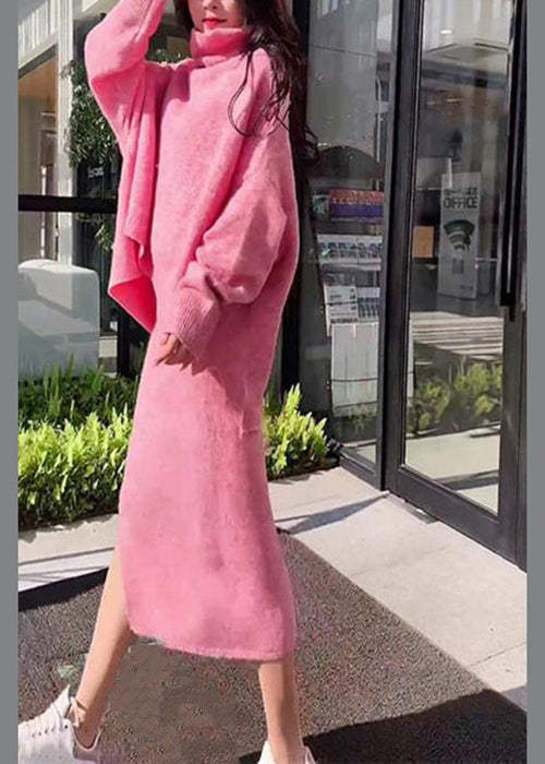 Loose Pink Turtleneck Sweaters and Skirts Knit Two Pieces Set Winter