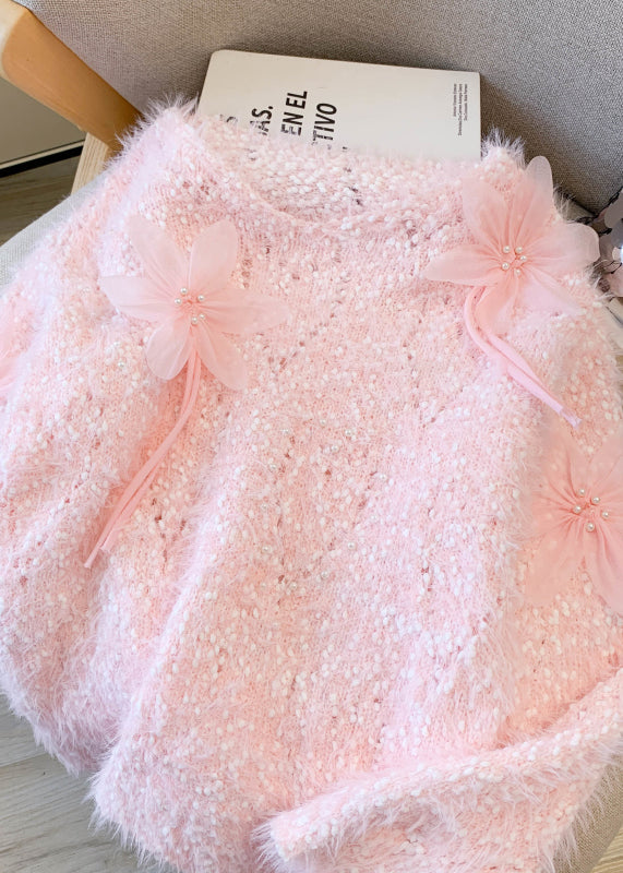 Boutique Pink Faux Mink Hair Knitted Cozy Sweater Winter