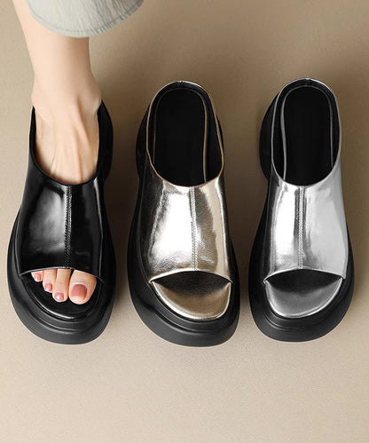 Gold Platform Heels Faux Leather Slide Sandals Peep Toe