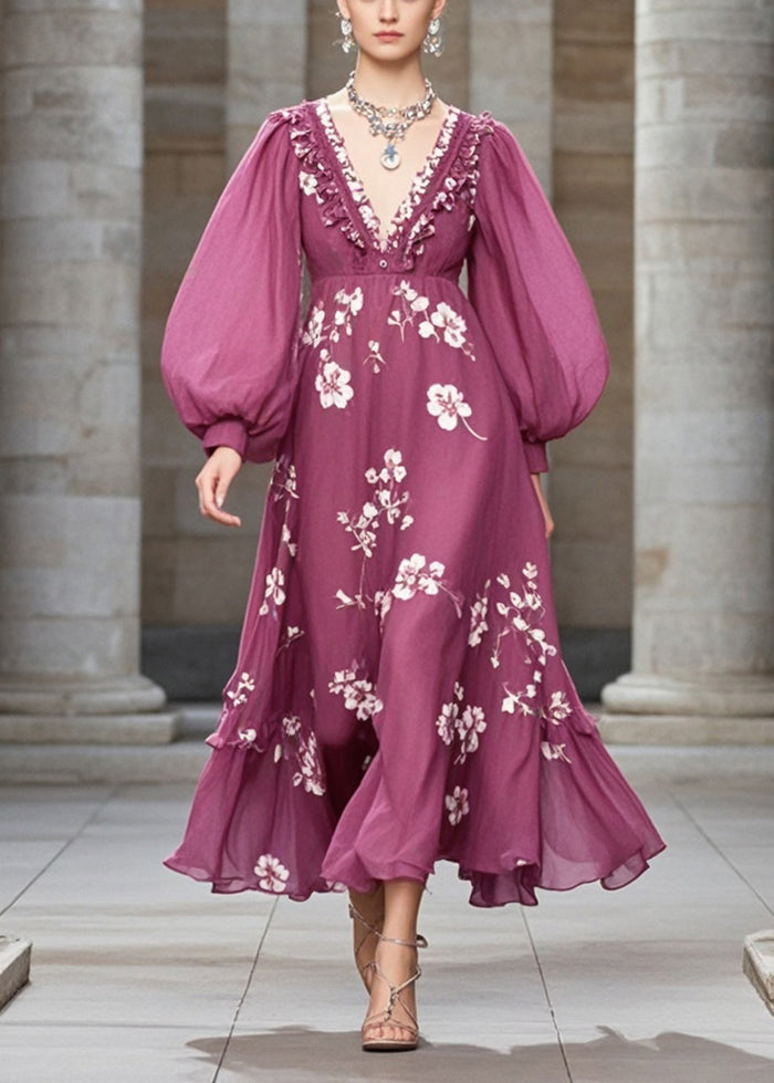 Purple Ruffled Print Chiffon Robe Dresses Fall