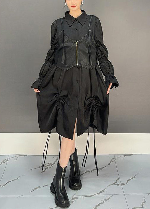 Loose Black Lace Up Waistcoat and Shirts Dresses Cotton Two Pieces Set Butterfly Sleeve