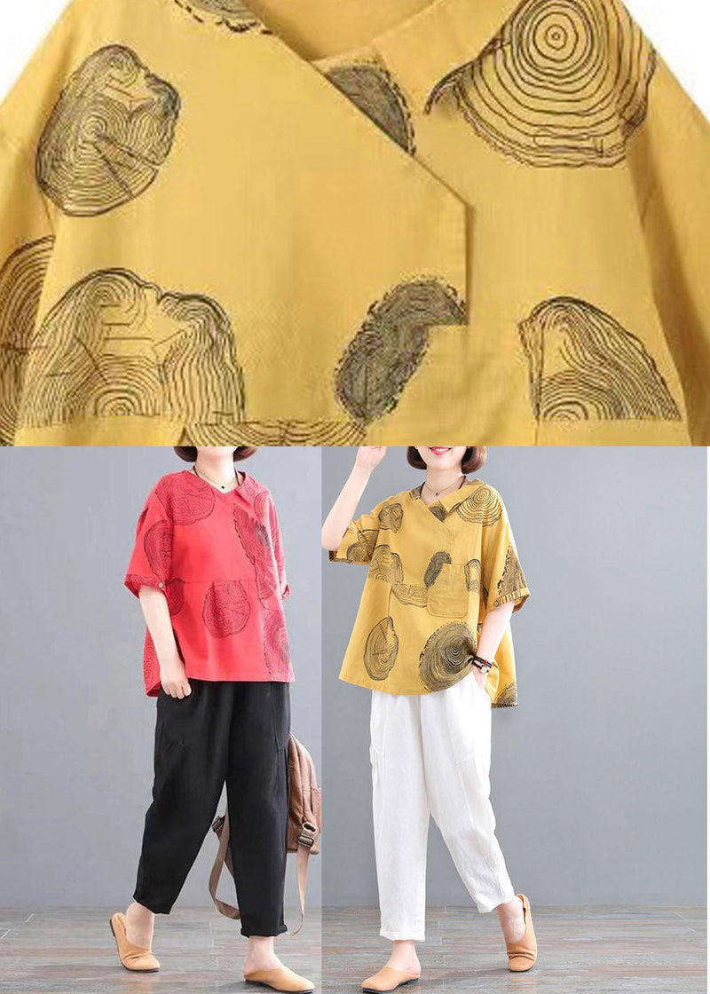 Retro Yellow O-neck Print Top and Crop Pants Two Pieces Set Summer