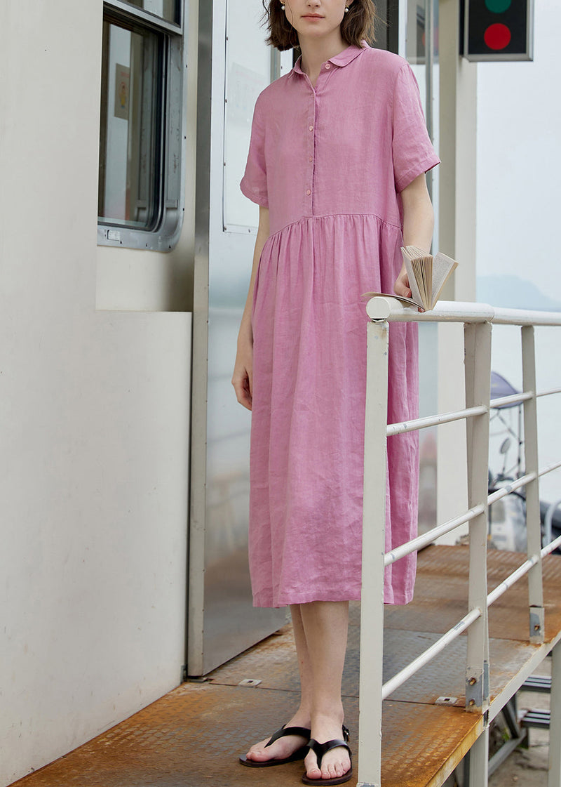 New Beige Peter Pan Collar Wrinkled Linen Long Dress Summer
