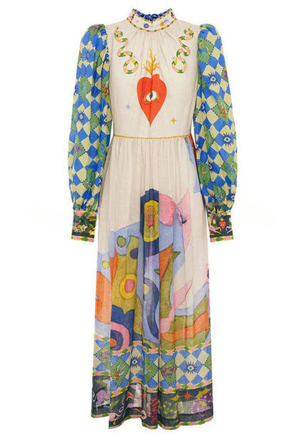 Dear to My Heart Unique Print Lantern Sleeve A-line Midi Dress