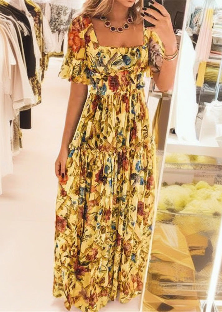 Apricot Square Neck Print Ruffle Waist Dress Summer