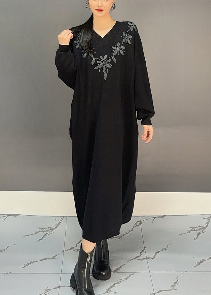 Red V Neck Embroidered Knit Sweater Dress Fall